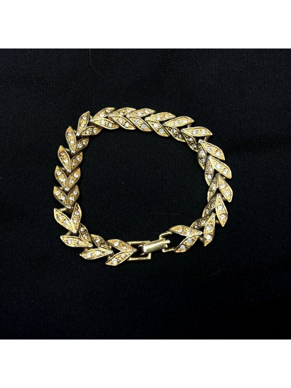Vintage Gold Tone Rhinestone Laurel Leaf Bracelet | Mid Century Glam Bridal 7.5"